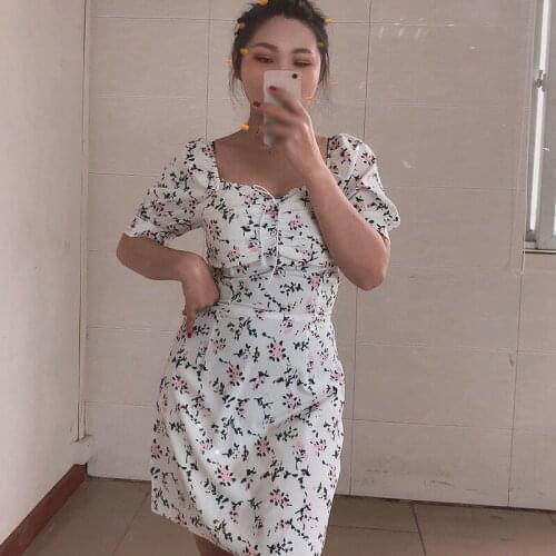 Women Short Sleeve Chiffon Dress Square Collar Floral Dress Backless Sexy Summer Dress