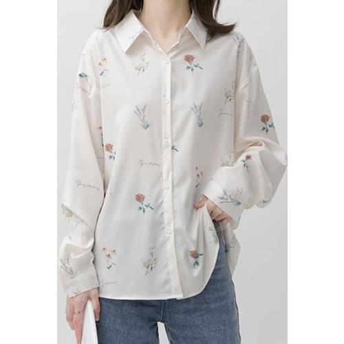White Shirt Womens Clothing Summer 2020 New Turn Down Collar Long sleeve Casual Loose Flower Print Chiffon Shirt Top 924A