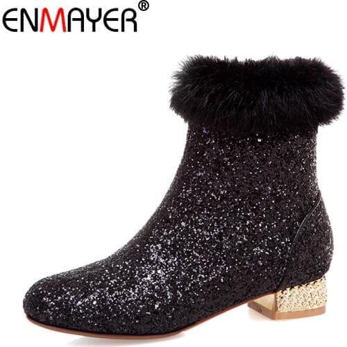ENMAYER Sequined Cloth Square Heel Women Shoes Zip Ankle Round Toe Velvet Winter Fashion Microfiber Solid Bling Black Boots Gold
