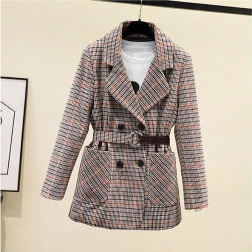 Womens Autumn Blazer Coat Plaid Blazer Women 2021 New Spring Double-breasted Slim Waistband Belted Jacket