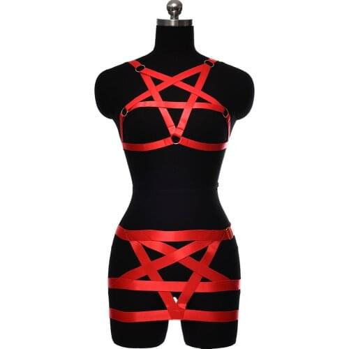 Women Harness Bra Fetish Bondage Leg Pentagram Body Cage Rave Wear Sexy Lingerie Set Gothic Harajuku Star Body Harness