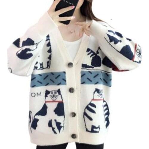 2021 Autumn New Knitted Cartoon Cat Oversized Cardigan Jacket For Women Embroidery Loose Korean Fashion V-Neck Sweater Coat