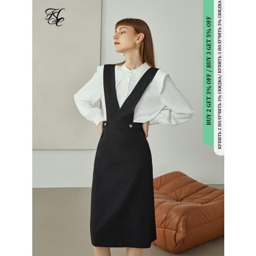 FANSILANEN Office Lady Loose Black Slimming New Strap Dress 2021 Dress Female Autumn Hight Waist Strap Button Women Dress