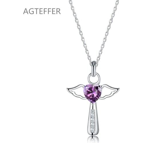 AGTEFFER 925 Sterling Silver 18 Inch Chain Cross Heart Purple AAA Zircon Necklace For Women Fashion Wedding Charm Jewelry