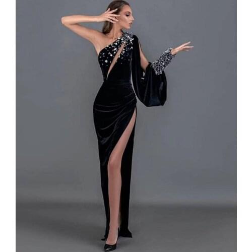 2021 New Fashion Women Sexy One Shoulder Black Hollow Out Bodycon Elegant Party Dress Vestidos