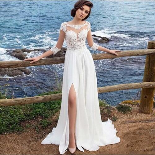 2021 Sexy Split Chiffon New Wedding Dress Half Sleeve Sweep Train Illusion Back Lace Appliques Bridal Gowns Vestidos De Novia