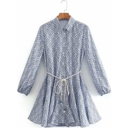 Womens Dress Vintage Loose Blue Printed Belted Za 2021 Fashion Mini Dress Spring Female Elegant Mujer Vestidos