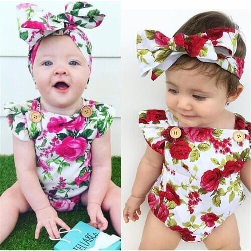 2019 Flower Toddler Baby Girl Clothes Baby Straps Ruffle Jumpsuit Romper + Headbamd Floral Outsuit Outfits Hot Sale