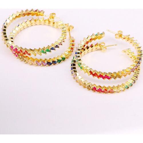 4Pairs, Cz Micro Pave Rainbow Zirconia Big Circle Earring Studs Gold Color Multicolor Crystal For Women Girls Party Jewelry