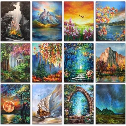 Diamond painting scenery river ship tree DIY Diamond mosaic colorful mountain flower Full Square Diamond embroidery starry sky