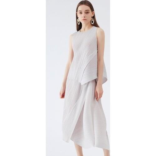 Miyak Pleated Women Irregular Solid Color Casual 2 Piece Suit O-Neck Tank Top + Midi Skirts Summer Plus Size Female Clothes Set