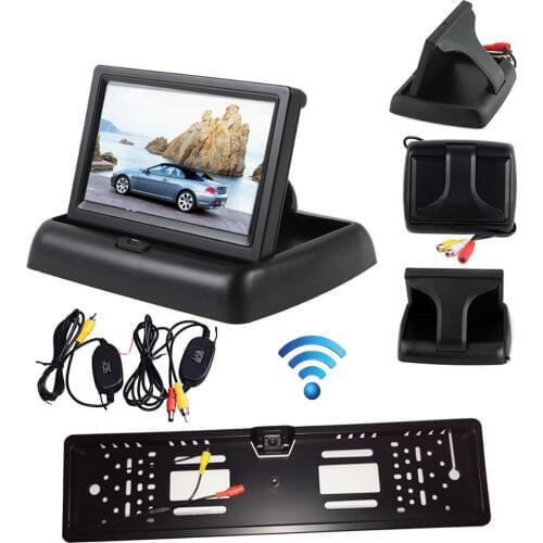 4.3" Car LCD Foldable Monitor Rear View Kit + Wireless EU Car License Plate Frame Reversing Backup Parking 4 LED Camera