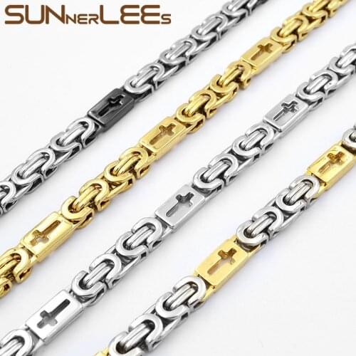 SUNNERLEES Stainless Steel Necklace 6mm~11mm Box Cross Byzantine Link Chain Silver Color Gold Plated Men Women Jewelry SC46 N