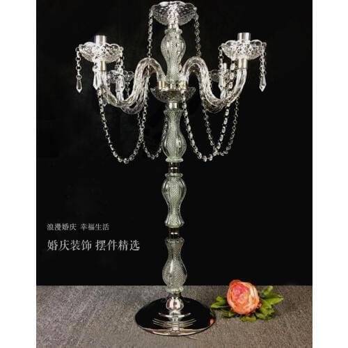 Hot 90cm Tall Acrylic 5-arms metal candelabras with crystal pendants wedding candle holder centerpiece 1 lot=10 pcs