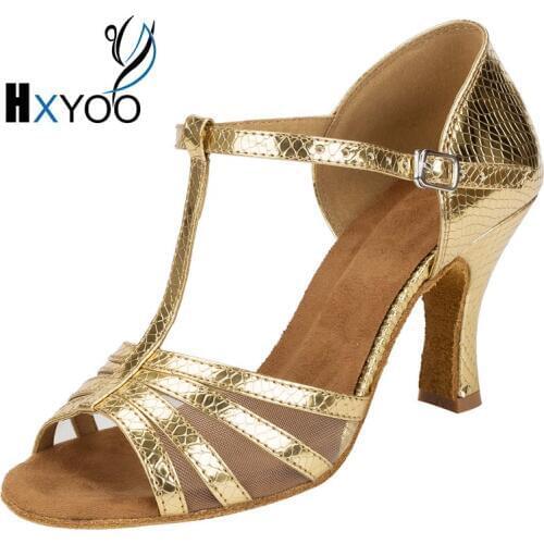 HXYOO 2018 New Arrived Salsa Dance Shoes Ballroom Shoes Women Latin Tango Gold Silver Professional Mesh Soft Sole WK032