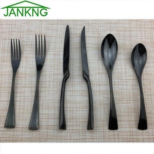 JANKNG 6Pcs Cutlery Set 18/10 Stainless Steel Silverware Black Dinnerware Serrated Sharp Steak Knife Tableware Set Service For 1