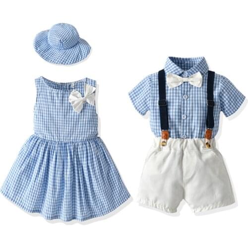 Summer New Children Clothing Baby Girls Dress Baby Boys Grils Shirt+ Overalls Set Brother Sister Clohtes Suit Kids Costume 0-6 Y