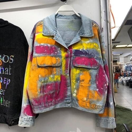 Autumn Streetwear Fashion Graffiti Paint Denim Jacket Coat Women Long Sleeve Short Outwear Loose Black Blue Jeans Jacket Female
