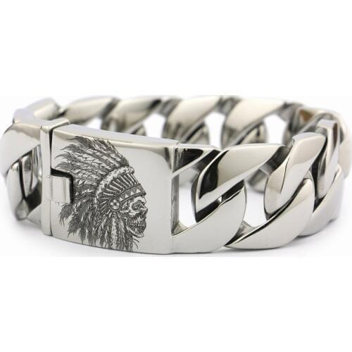 LINSION 6 Lengths Deep Engraved 316L Stainless Steel Indian Chief Skull Link Chain Mens Biker Bracelet 5D301
