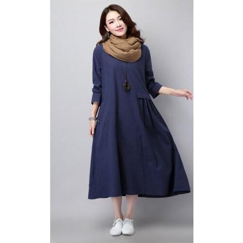 Linen Dress Literary Solid Color Pleated Fashion Long Sleeved Loose Large Size Casual Womens New Spring And Autumn