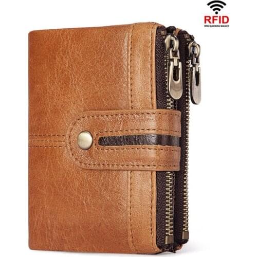 2021 Mens Genuine Leather Vintage Wallets High Quality Anti RFID Hasp Double Zipper Wallet Leisure Card Holder Male Coin Purse