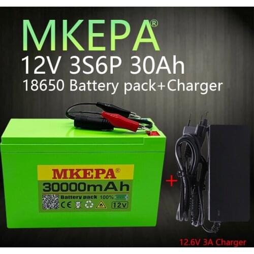 New 12V30Ah 3S6P 18650 lithium battery pack+12.6V 3A charger, built-in 30Ah high current BMS, used for sprayer, free +charger