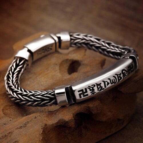 New Six-character Mantra Hand-woven Silver Bracelet Male Thick Thai Silver Retro Hipster Personality Mens Bracelet