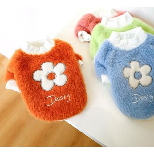 Puppy ClothesNew Products for Autumn and Winter Warmth Thick Teddy Bear Dog Cat Clothes Flower Crew Neck Shirt Dog Clothes
