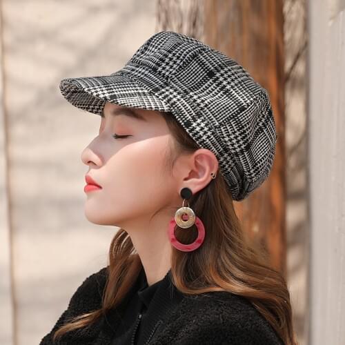Autumn Winter Hats for Women Check Stripe Solid Octagonal Caps Ladies Casual Woolen Hat Winter Beret Women Cap HR122307