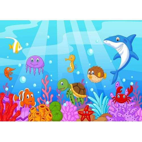 Undersea World Cartoon Fish Photography Background Vinyl Cloth Backdrop for Baby Children Birthday Party Photophone Photo Studio