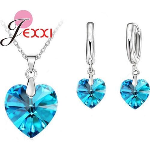 Romantic Fancy 925 Sterling Silver Clear Ocean Blue Cubic Zircon Heart Pendant Necklace Earrings for Women Wedding Jewelry