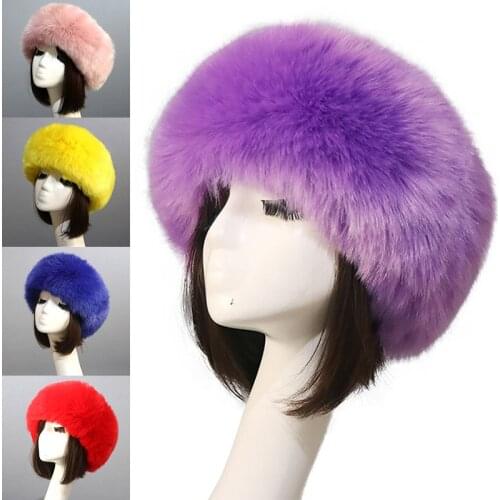 Winter Faux Fox Fur Solid Color Warm Hats Women Thicken Russian Hats Elastic Headscarf Cap Earmuffs Turban Ski Hats Apparel