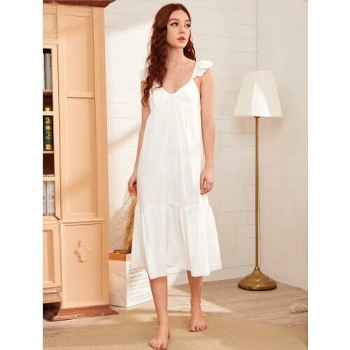 2020 WomenS V-Neck Ruffled Suspenders Big Swing Lace Chiffon Dress Long Nightgown Women Sleepwear Ночная Рубашка Длинная