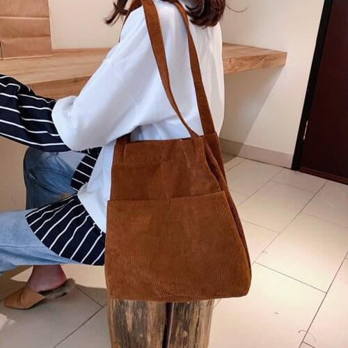 Women Corduroy Shoulder Bag Large Capacity Simple Canvas Shopper Messenger Bags Female Solid Soft Cotton Cloth Handbag Big Totes