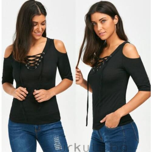 T-Shirts Women Summer 2018 Solid Short Sleeve Strappy Bandage V-Neck Cold Shoulder Casual T-Shirt Tops