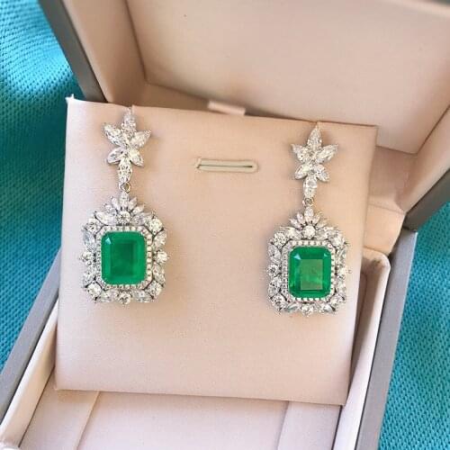 Sterling Silver 925 Emerald Square Earrings Inlaid With Zircon For Women Fine Gift
