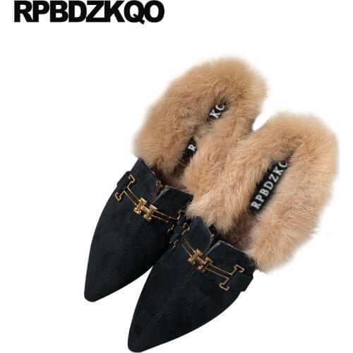 Cheap shoes china flats ladies size 41 slip on suede fashion rabbit pointed toe fur winter large metal designer women black