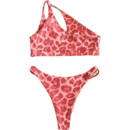 Women Sexy Bikini Set Pink Leopard Asymmetric Shoulder Straps 2 Pieces Swimwear Swimsuits Print Bikini with Irregular Straps