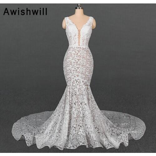 Dubai Africa Lace Mermaid Wedding Dress Sleeveless V Neck Sexy Trumpet Wedding Gowns Women Bridal Dress Open Back Robe De Novias
