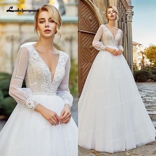 Robe Mariee Boho Long Sleeve A-Line Wedding Dresses V Neck Vintage Lace Beach vestido longo White Bride Gowns Vestido De Novia