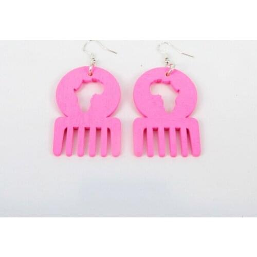 2014 Fashion European Women Pink Color African Map Afro Comb Shape Dangle Wooden Earrings for Xmas Gift 12pcs/lot