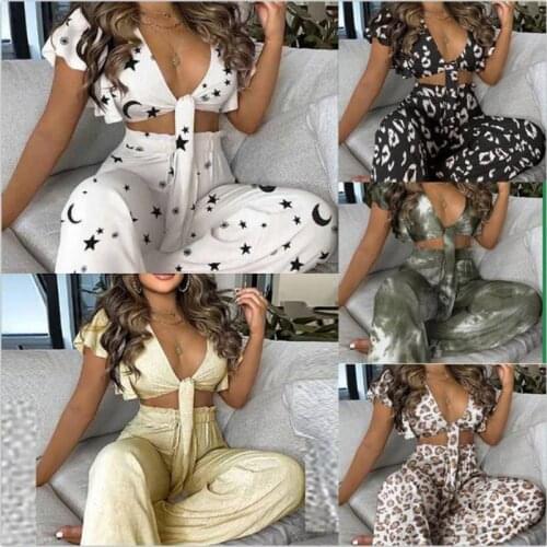 2021 summer sexy lace up open navel top and high waist pants suit womens casual printed cotton short sleeve wide leg pants suit