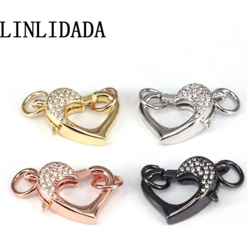 5Pcs,Gold/Rose Gold/Metalblack Color CZ Micro Pave Heart Clasp, Brass Heart Lobster Clasps, Findings