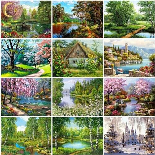 DIY 5D Villa Scenery Diamond Painting Tree Full Round Resin Mosaic Landscape Diamond Embroidery Picture Rhinestone Home Decor