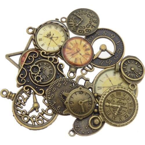 GraceAngie 10pcs Bronze Tone Clock Alarm Round Pendant Charm for DIY Retro Hanging Accessory Old Fashion Jewelry Random Send