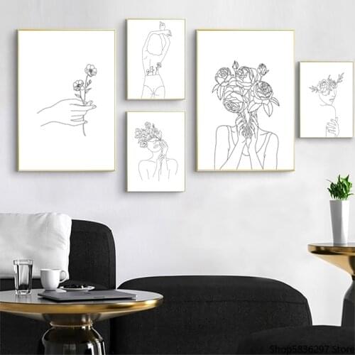 Sexy Lady Body Line Drawing Canvas Poster Abstract Women Nude Art Painting Hand Print Yoga Girl Flower Picture Home Wall Decor