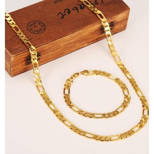 Fashion 9 K Yellow Gold Filled Mens OR Womens Trendy Bracelet 21cm Necklace Set Figaro Chain Watch Link