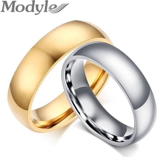 Modyle 2021 New Fashion Gold-Color and Silver-Color Wedding Ring for Men and Women 6mm Stainless Steel Smooth Promise Jewelry