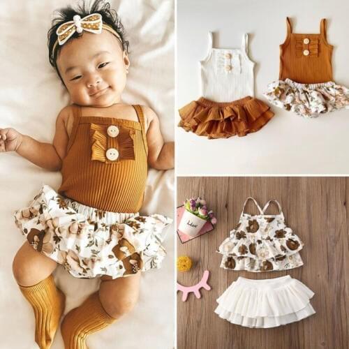 2020 New Summer Infant Baby Girl Sling Flower Tops+Ruffle Tutu Skirt Dress 2PCS Outfit