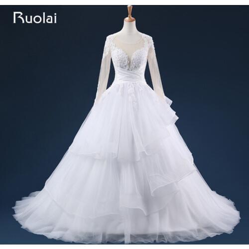 New Arrival Wedding Dresses Long Sleeves Scoop Tulle Appliques Zip Back Cross Sash Beaded Bodice Tiered Bridal Gown ASAFN24